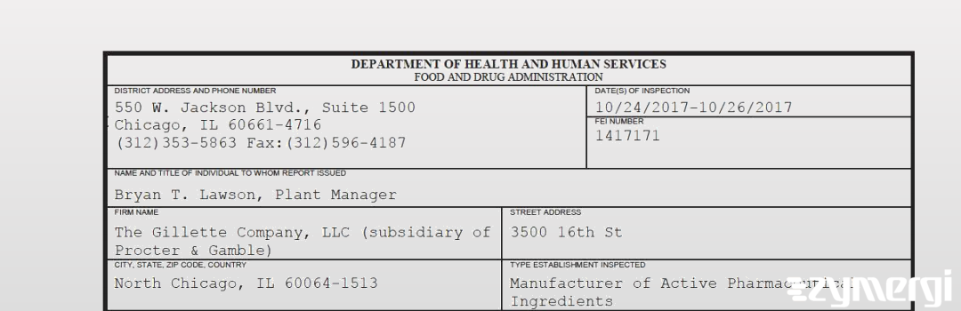 FDANews 483 The Gillette Company, LLC (subsidiary of Procter & Gamble) Oct 26 2017 top