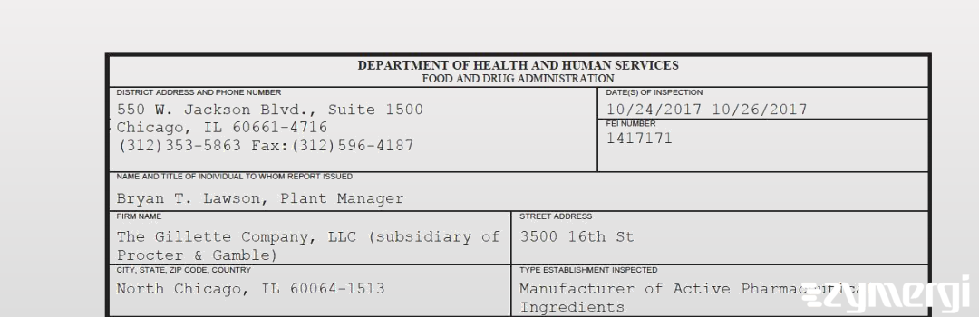 FDANews 483 The Gillette Company, LLC (subsidiary of Procter & Gamble) Oct 26 2017 top