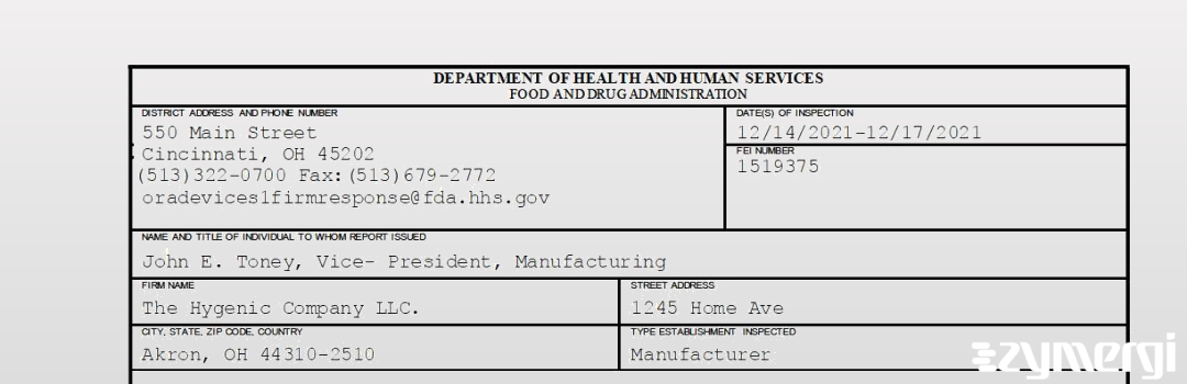 FDANews 483 The Hygenic Company LLC. Dec 17 2021 top