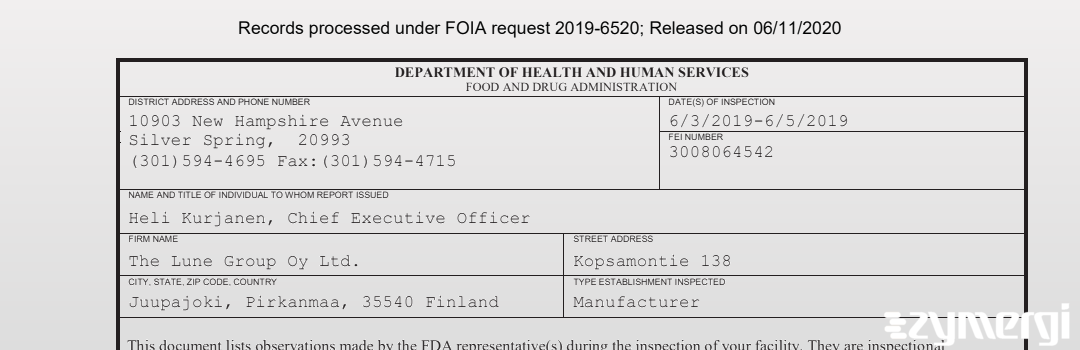 FDANews 483 The Lune Group Oy Ltd. Jun 5 2019 top