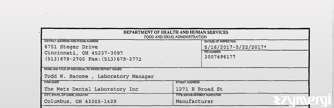 FDANews 483 The Metz Dental Laboratory Inc. May 22 2017 top