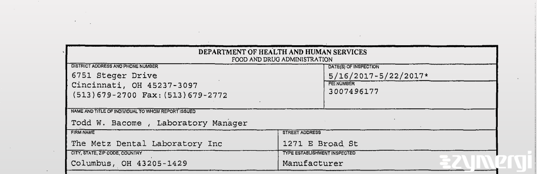 FDANews 483 The Metz Dental Laboratory Inc. May 22 2017 top