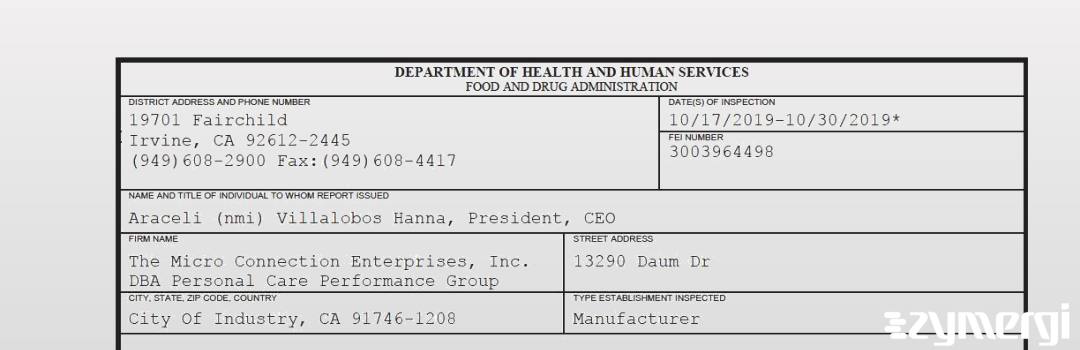 FDANews 483 The Micro Connection Enterprises, Inc. DBA Personal Care Performance Group Oct 30 2019 top