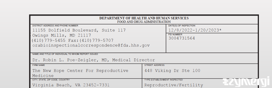 FDANews 483 The New Hope Center For Reproductive Medicine Jan 20 2023 top