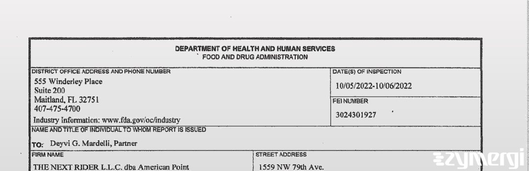 FDANews 483 THE NEXT RIDER L.L.C. dba American Point Oct 6 2022 top
