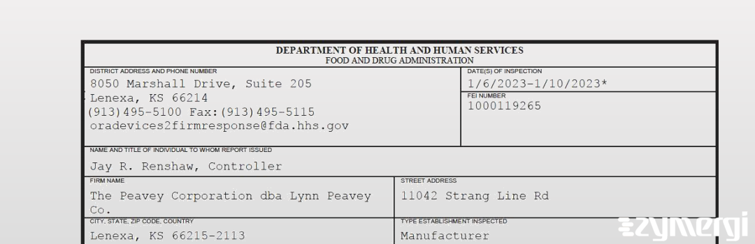 FDANews 483 The Peavey Corporation dba Lynn Peavey Co. Jan 10 2023 top