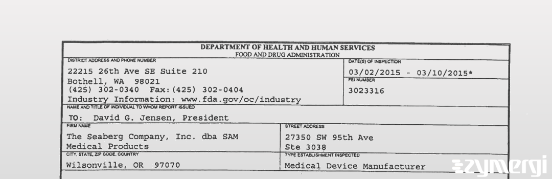 FDANews 483 The Seaberg Company, Inc. dba SAM Medical Products Mar 10 2015 top