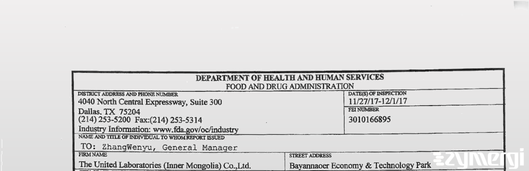 FDANews 483 The United Laboratories (Inner Mongolia)  Co. Ltd. Dec 1 2017 top