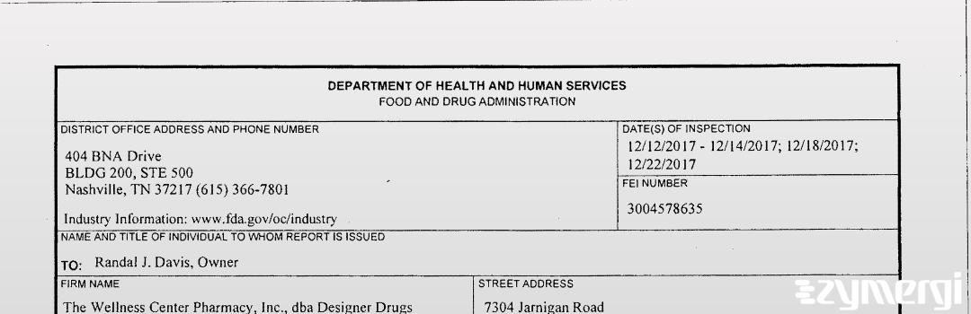 FDANews 483 The Wellness Center Pharmacy, Inc., dba Designer Drugs Dec 22 2017 top