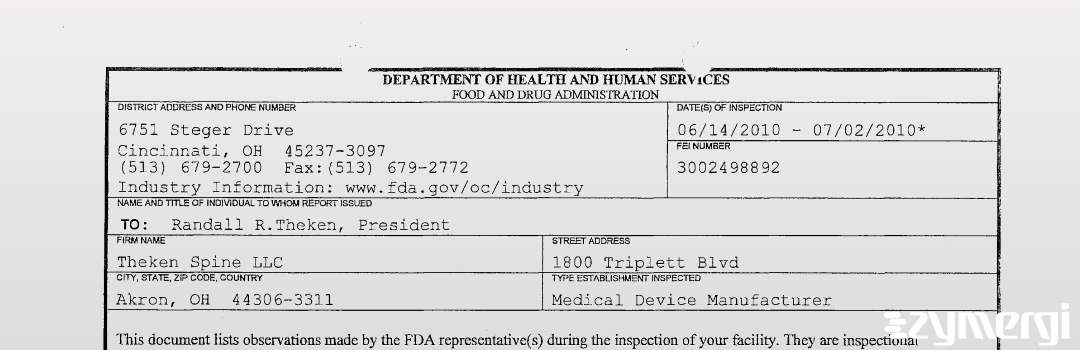 FDANews 483 Theken Spine LLC Jul 2 2010 top