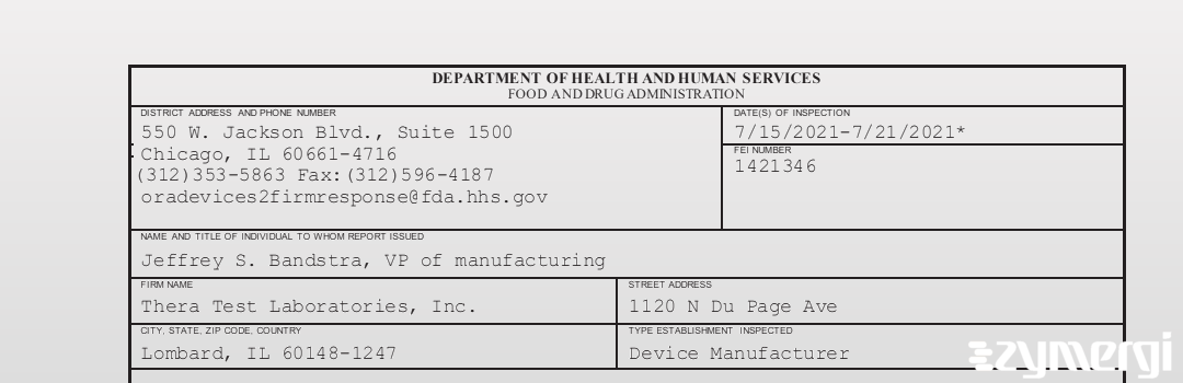 FDANews 483 Thera Test Laboratories, Inc. Jul 21 2021 top