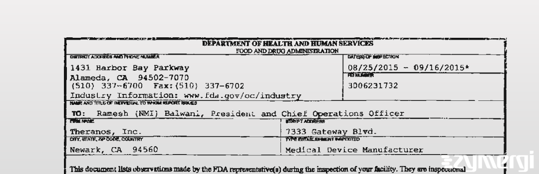 FDANews 483 Theranos, Inc. Sep 16 2015 top