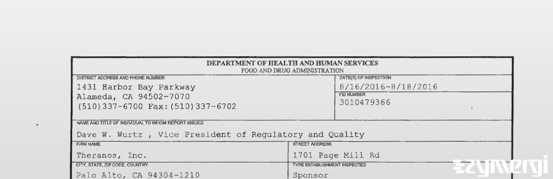 FDANews 483 Theranos, Inc. Aug 18 2016 top