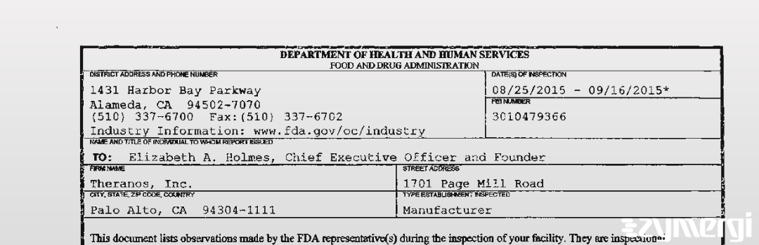 FDANews 483 Theranos, Inc. Sep 16 2015 top