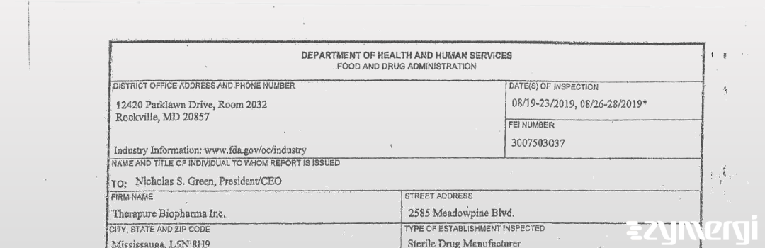 FDANews 483 Therapure Biopharma Inc Aug 28 2019 top