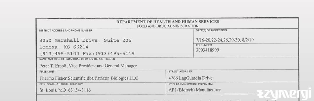 FDANews 483 Thermo Fisher Scientific dba Patheon Biologics LLC Aug 2 2019 top