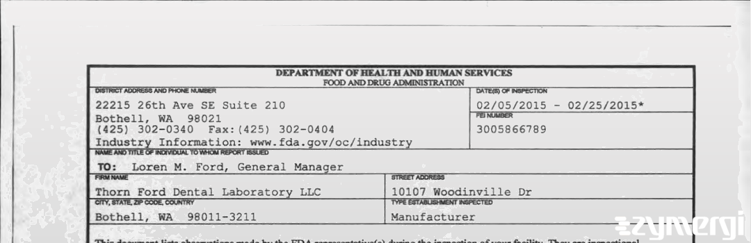 FDANews 483 Thorn Ford Dental Laboratory LLC Feb 25 2015 top