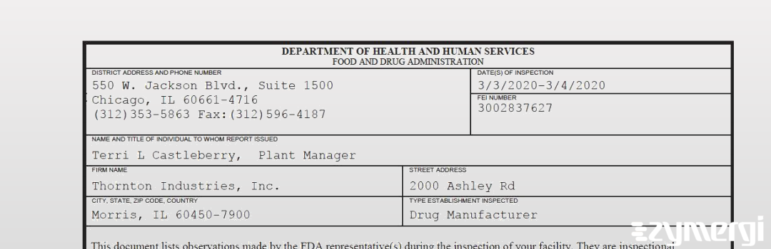 FDANews 483 Thornton Industries, Inc. Mar 4 2020 top