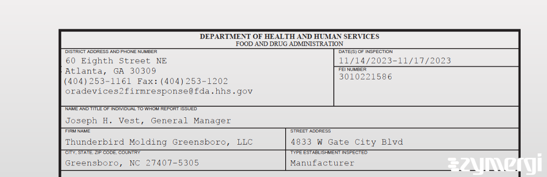 FDANews 483 Thunderbird Molding Greensboro, LLC Nov 17 2023 top