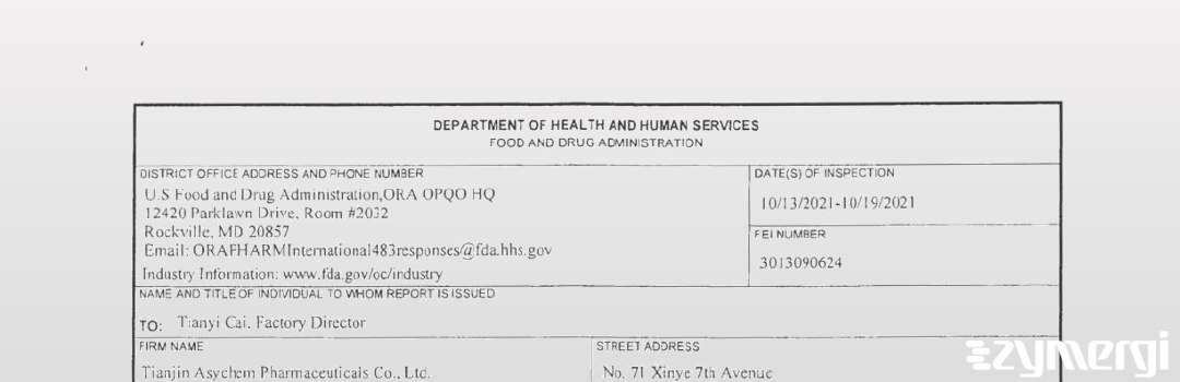 FDANews 483 Tianjin Asymchem Pharmaceuticals Co., Ltd. Oct 19 2021 top