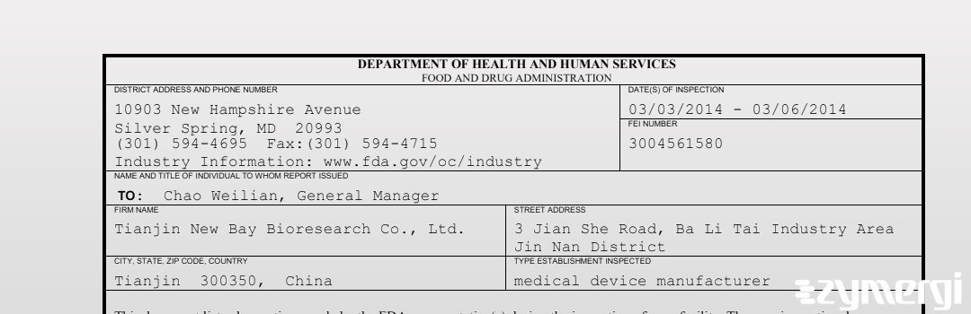 FDANews 483 Tianjin New Bay Bioresearch Co., Ltd. Mar 6 2014 top