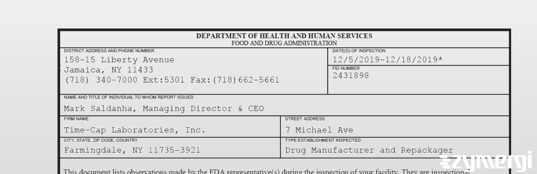 FDANews 483 Time-Cap Laboratories, Inc. Dec 18 2019 top