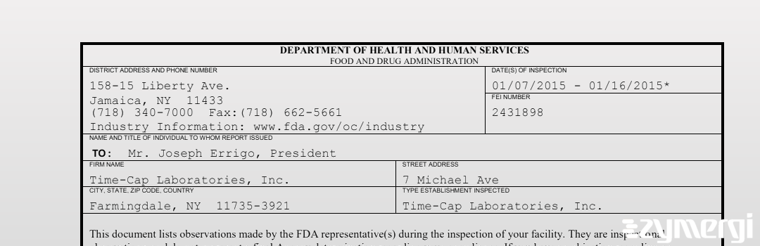 FDANews 483 Time-Cap Laboratories, Inc. Jan 16 2015 top