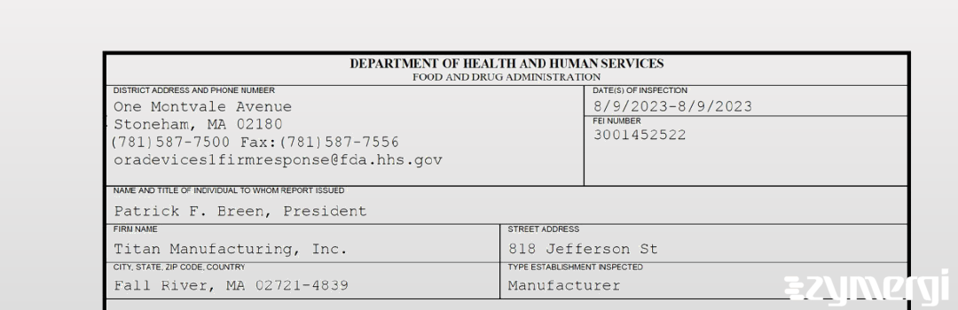 FDANews 483 Titan Manufacturing, Inc. Aug 9 2023 top