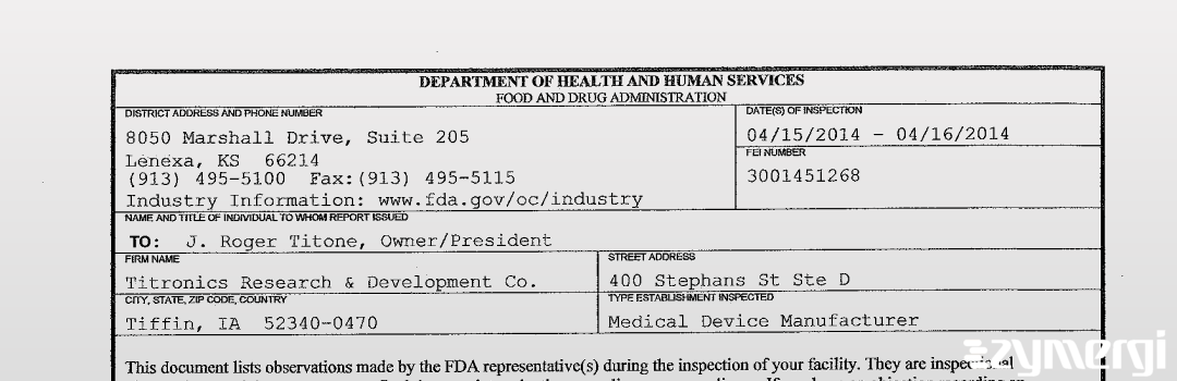 FDANews 483 Titronics Research & Development Co. Apr 16 2014 top