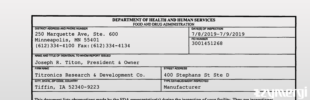 FDANews 483 Titronics Research & Development Co. Jul 9 2019 top