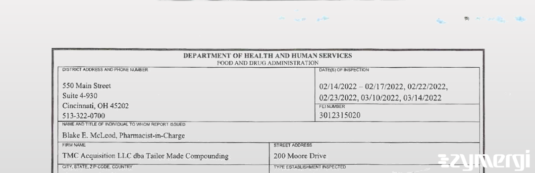 FDANews 483 TMC Acquisitions LLC dba Tailor Made Compounding Mar 14 2022 top