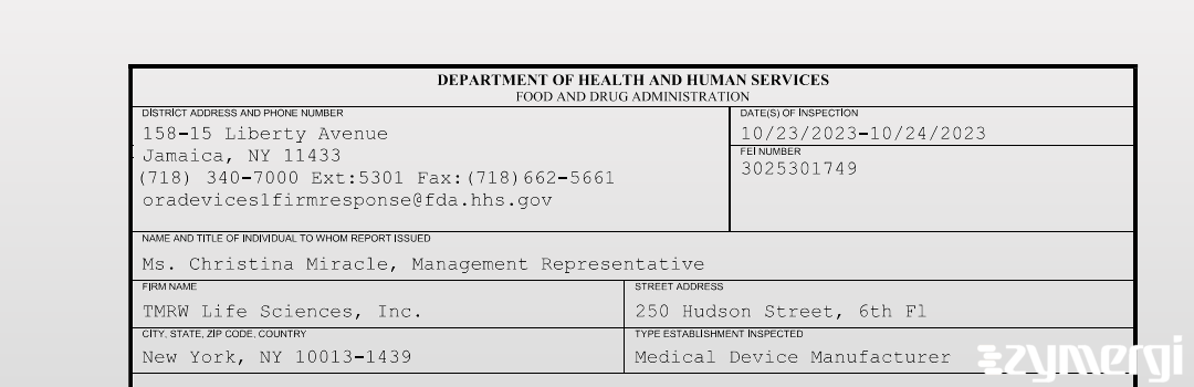 FDANews 483 TMRW Life Sciences, Inc. Oct 24 2023 top