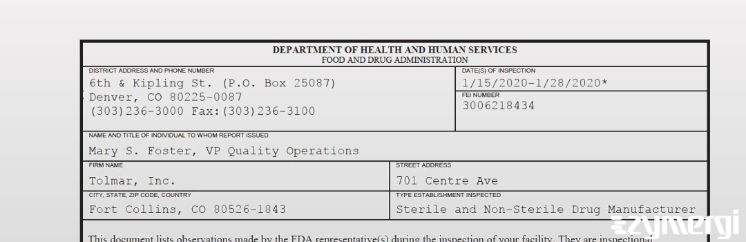 FDANews 483 TOLMAR Inc. Jan 28 2020 top