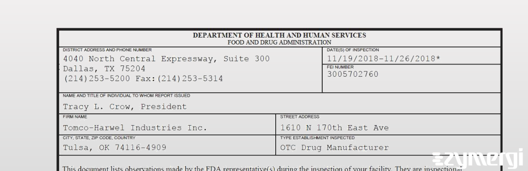 FDANews 483 Tomco-Harwel Industries Inc. Nov 26 2018 top