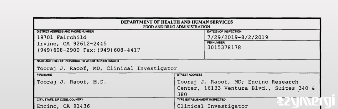 FDANews 483 Tooraj J. Raoof, M.D. Aug 2 2019 top