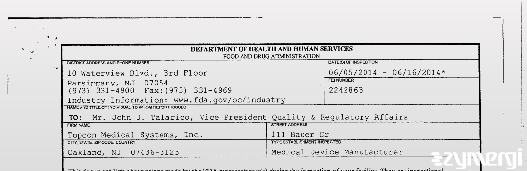 FDANews 483 Topcon Medical Systems, Inc. Jun 16 2014 top