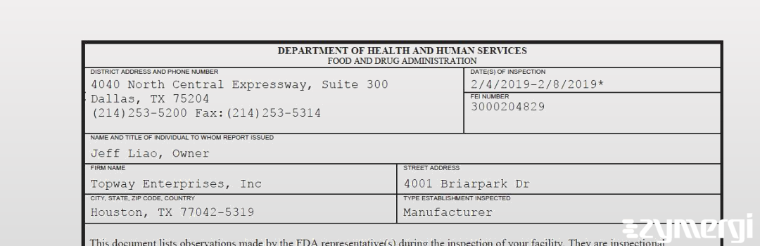 FDANews 483 Topway Enterprises, Inc Feb 8 2019 top