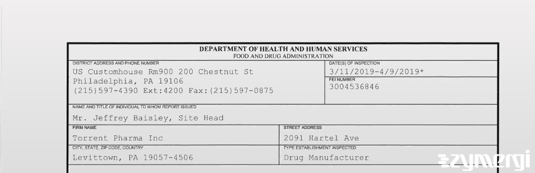 FDANews 483 Torrent Pharma Inc. Apr 9 2019 top