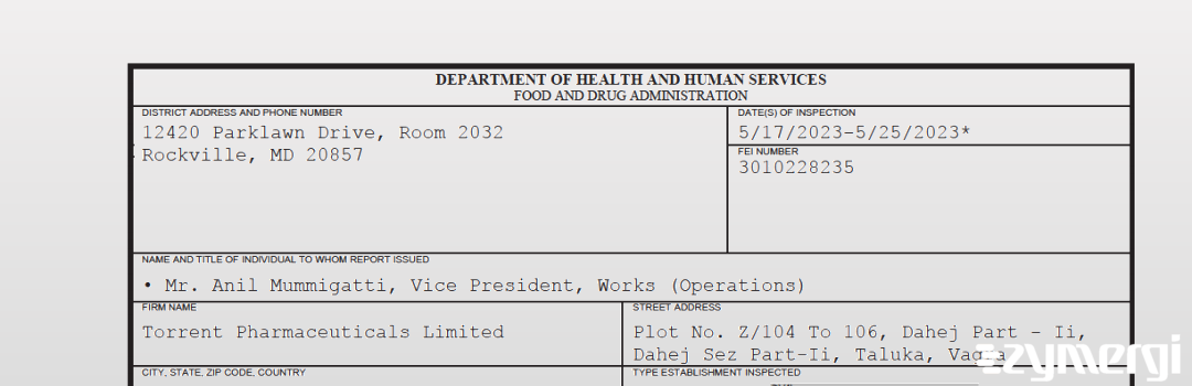 FDANews 483 Torrent Pharmaceuticals Limited May 25 2023 top