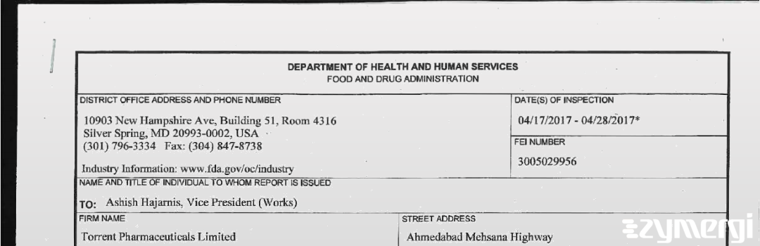 FDANews 483 Torrent Pharmaceuticals Limited Apr 28 2017 top