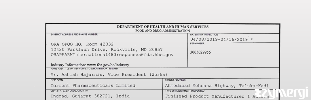 FDANews 483 Torrent Pharmaceuticals Limited Apr 16 2019 top