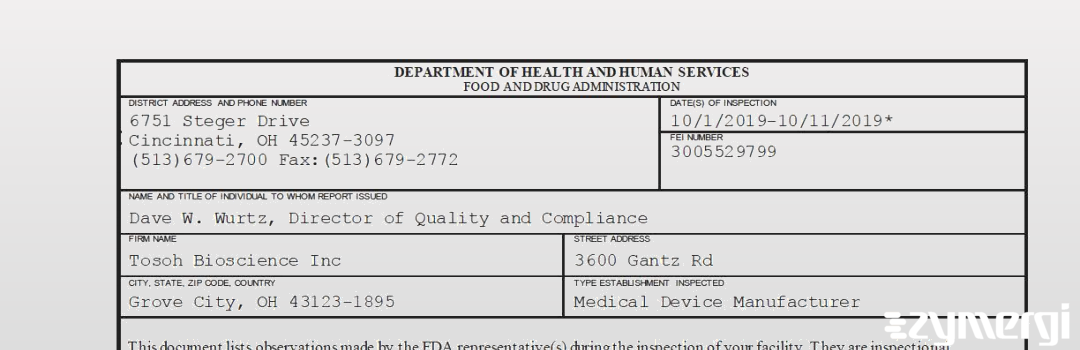 FDANews 483 Tosoh Bioscience Inc Oct 11 2019 top