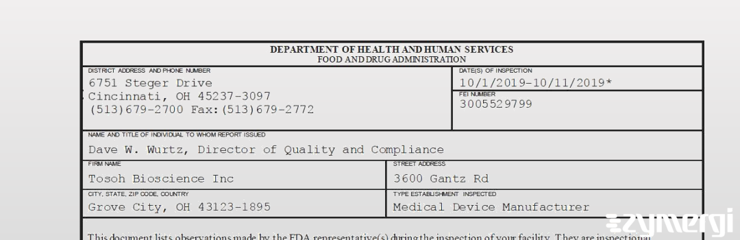 FDANews 483 Tosoh Bioscience Inc Oct 11 2019 top
