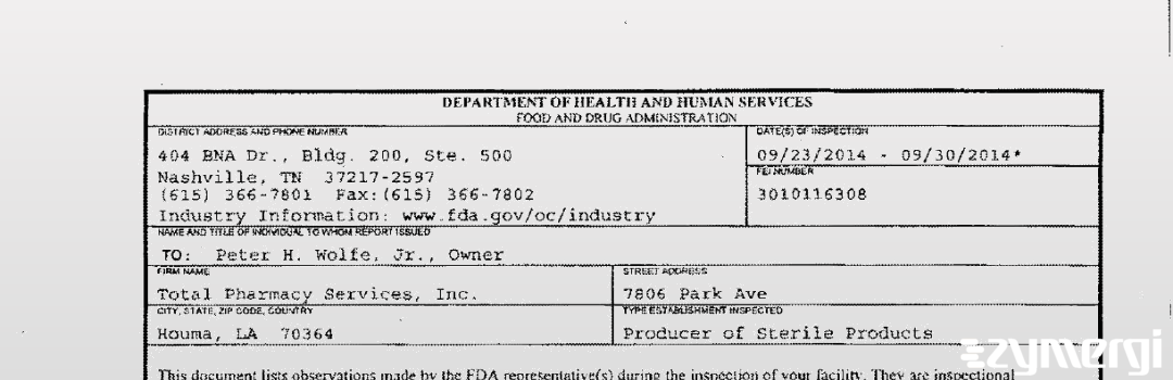 FDANews 483 Total Pharmacy Services, Inc. Sep 30 2014 top