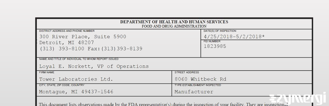 FDANews 483 Tower Laboratories, Ltd. May 2 2018 top