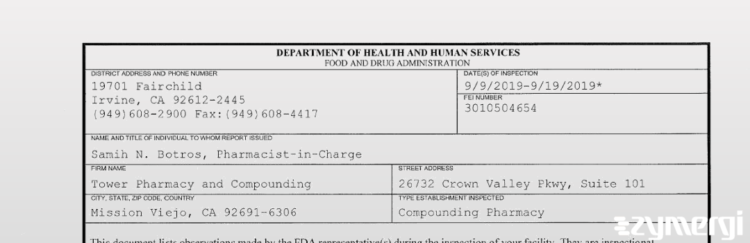 FDANews 483 Tower Pharmacy and Compounding Sep 19 2019 top