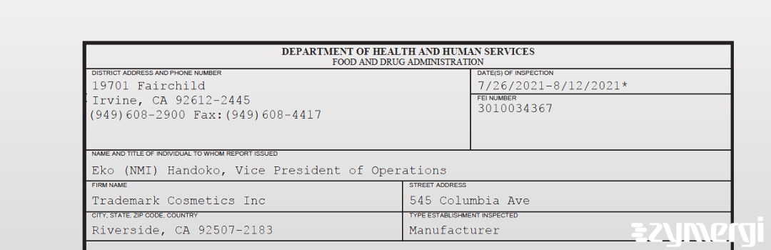 FDANews 483 Trademark Cosmetics Inc Aug 12 2021 top