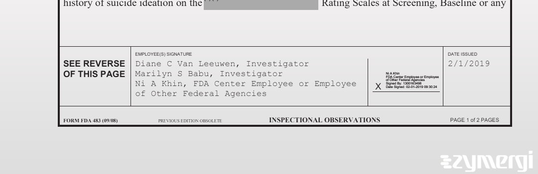 Diane C. Van Leeuwen FDA Investigator Marilyn S. Babu FDA Investigator Ni A. Khin FDA Investigator Van Leeuwen, Diane C FDA Investigator