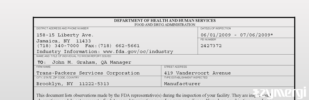 FDANews 483 Trans-Packers Services Corporation Jul 6 2009 top