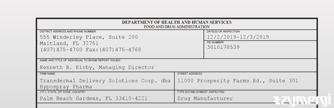 FDANews 483 Transdermal Delivery Solutions Corp. dba Hypospray Pharma Dec 3 2019 top